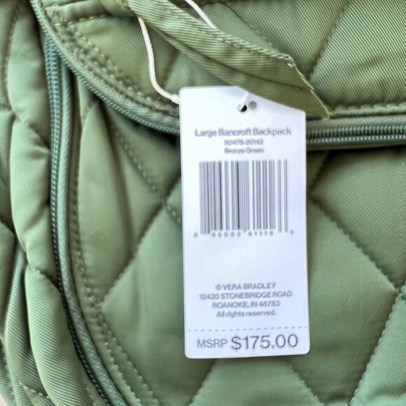 Vera Bradley Large Bancroft quilted backpack NWT Bronze Green performance twill main image 6